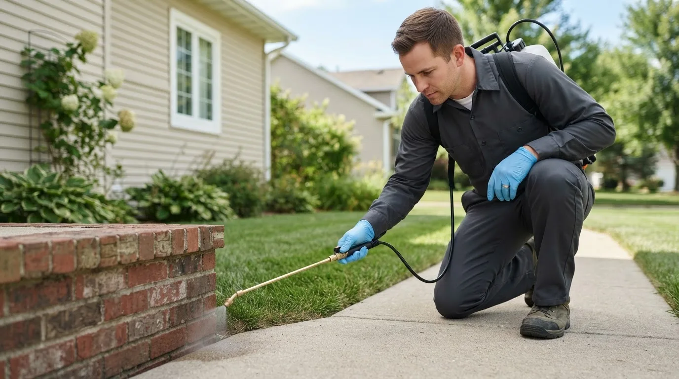 Pest control technician treating a home near Brookfield, CT